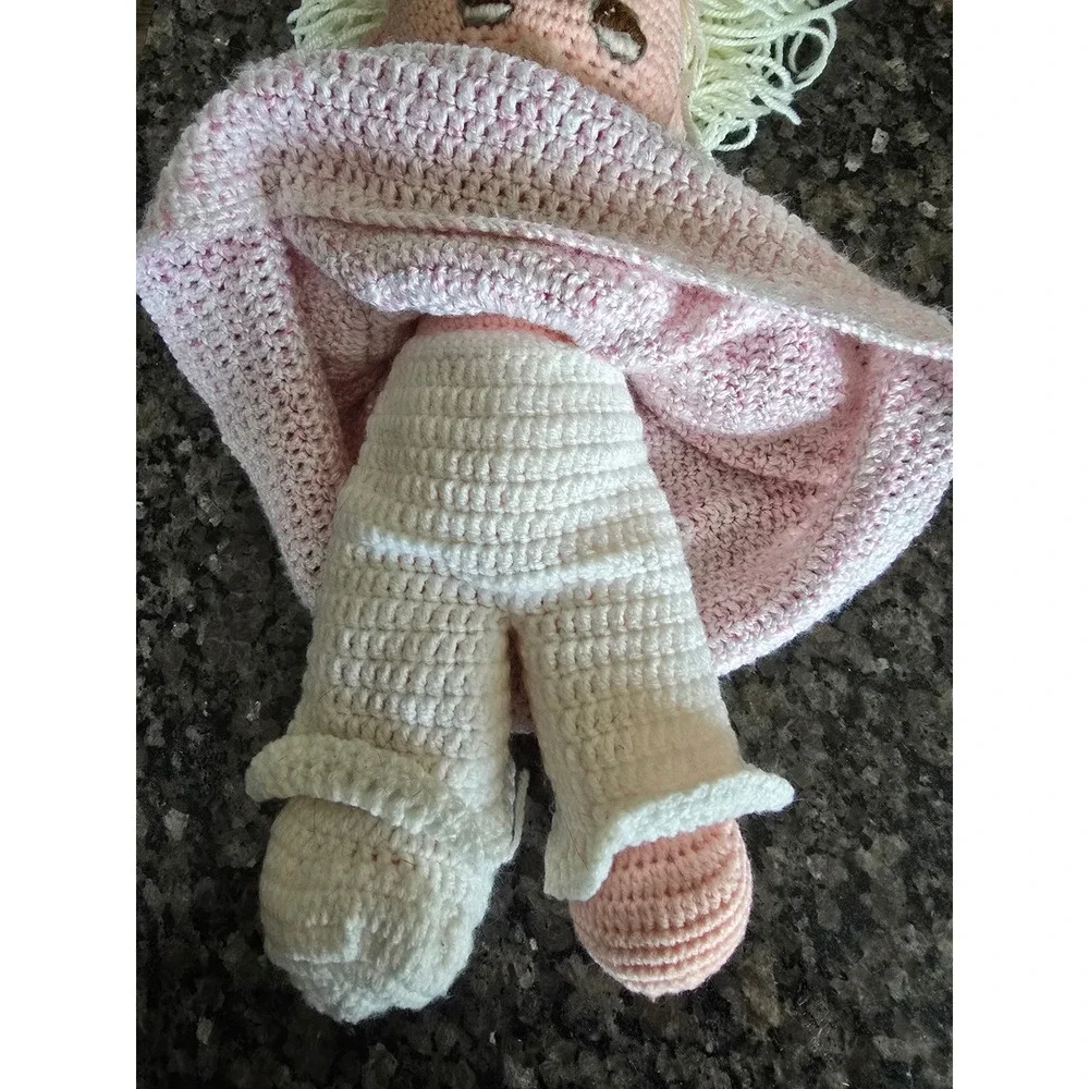 Vintage Handmade Crochet Doll Blonde Hair Pink Dress Amigurumi Soft Toy‎ Plush